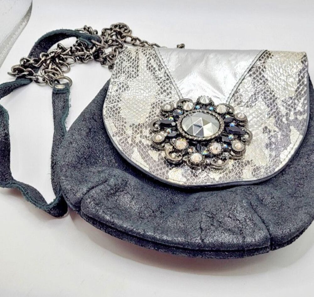 Leatherock Silver Snakeskin Silver Glittery Black Genuine Leather Satchel 7.5in
